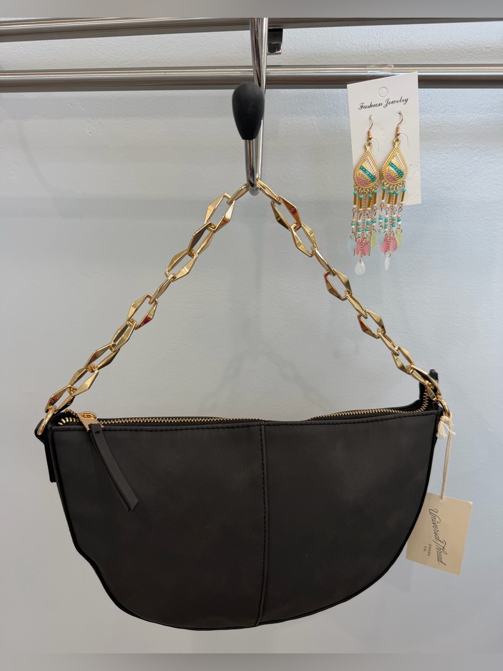New with tag Classic Black Shoulder Bag with Gold Chain Handle & earrings